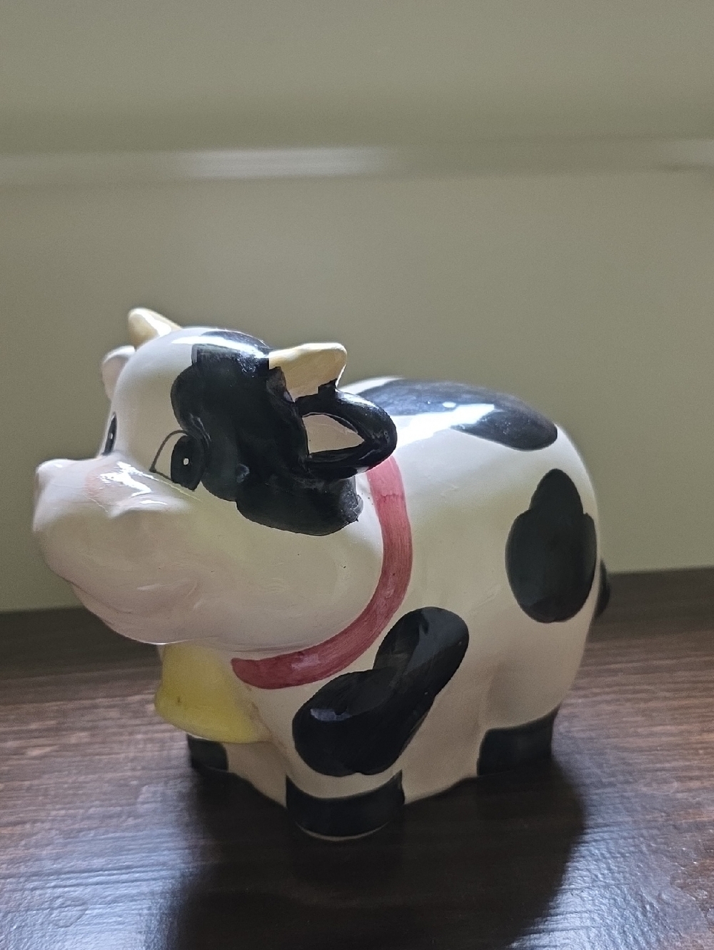 Vintage 80s  White and Black Ceramic Cow Coin Bank Figurine with Pink Collar